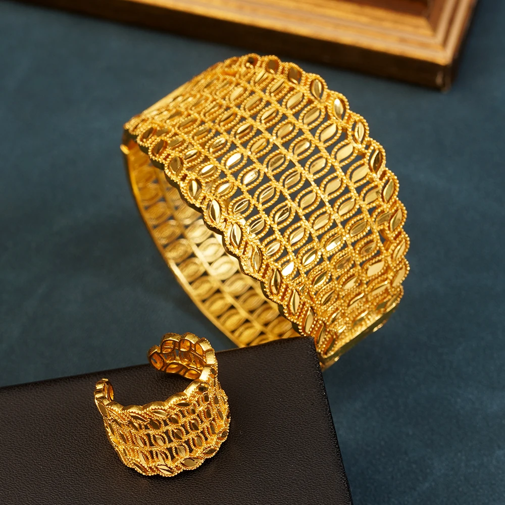 New Copper Gold Plating Flower Bangle Ring Set for Women Dubai