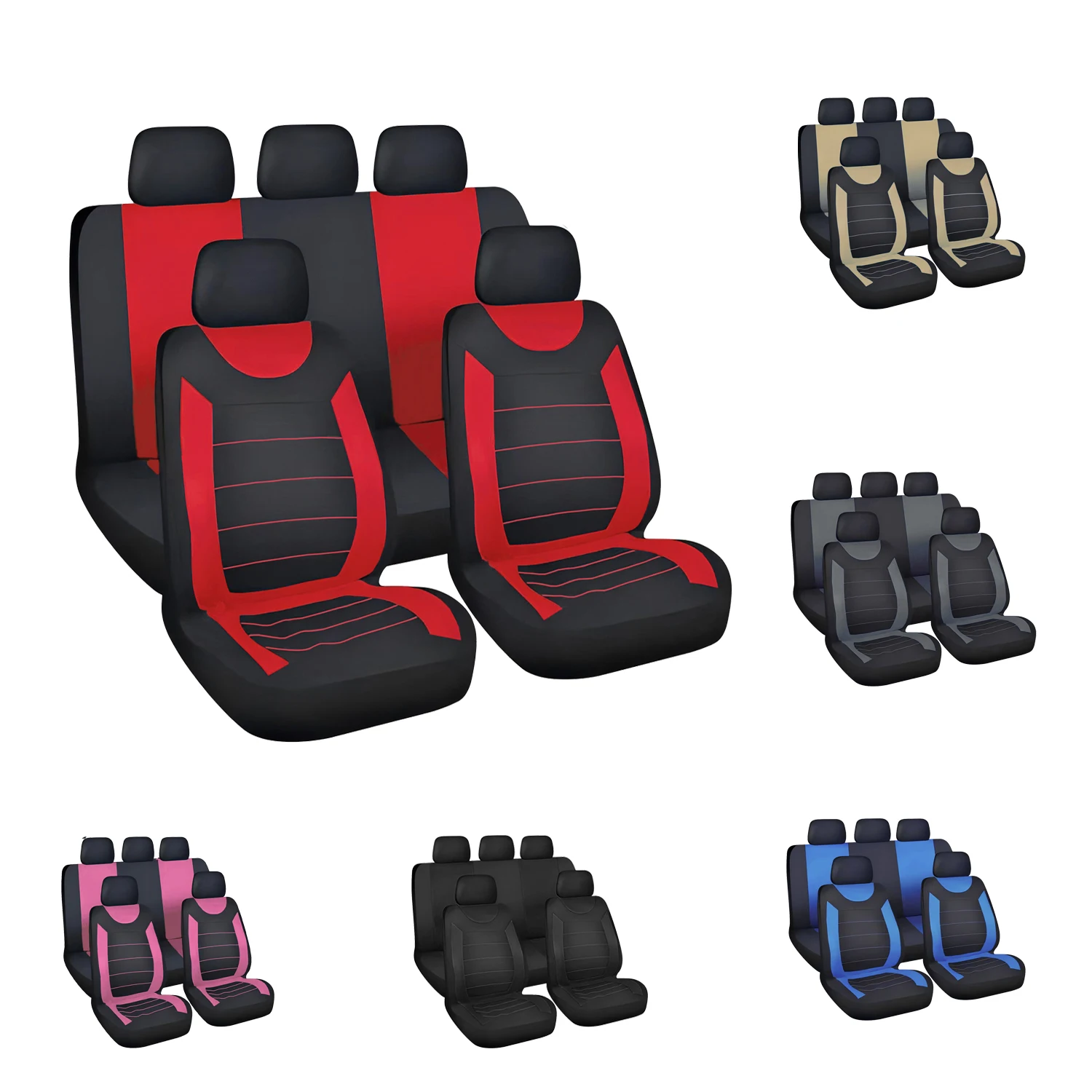 Sporty Two-Tone Fabric Car Seat Covers - Full Set for 5 Seats in Black, Red, Pink, Blue, Gray, Beige