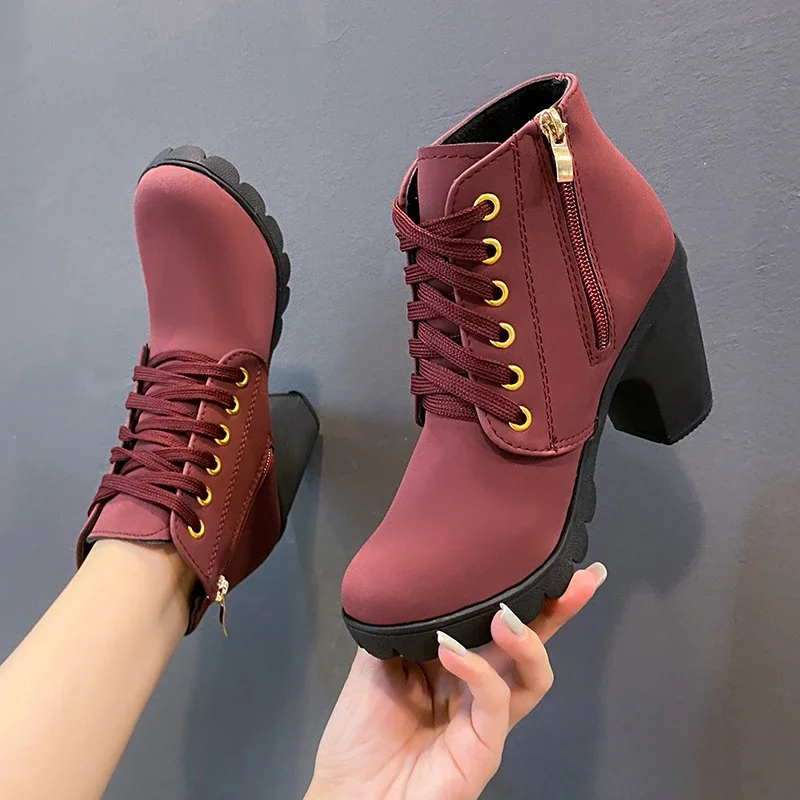 Autumn 2023 Women's Boots Thick Heeled Ankle Boots Women High Heel Platform Boots Female Snow Boots Lace-Up Fashion Boots botas