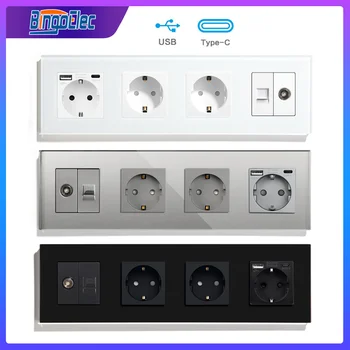 C타입 콘센트가 있는 USB 소켓 EU 표준 벽 소켓, TV CAT6 인터넷 Rj45 네트워크 커넥터, 유리 패널 홈 개선