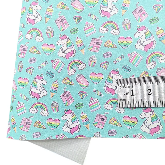 블루 Chunky 반짝이 가죽 패브릭 시트 레인보우 유니콘 인쇄 합성 가죽 활 21x29CM Q1111