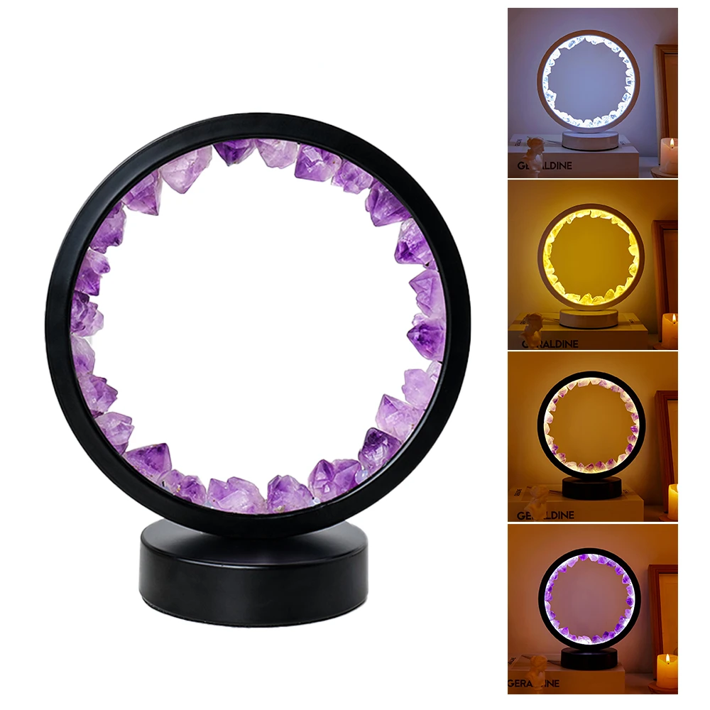 

LED Rechargeable Bedside Lamp Natural Quartz Amethyst Cluster Night Lamp Bedroom Desk Network Circle Decorative Lights