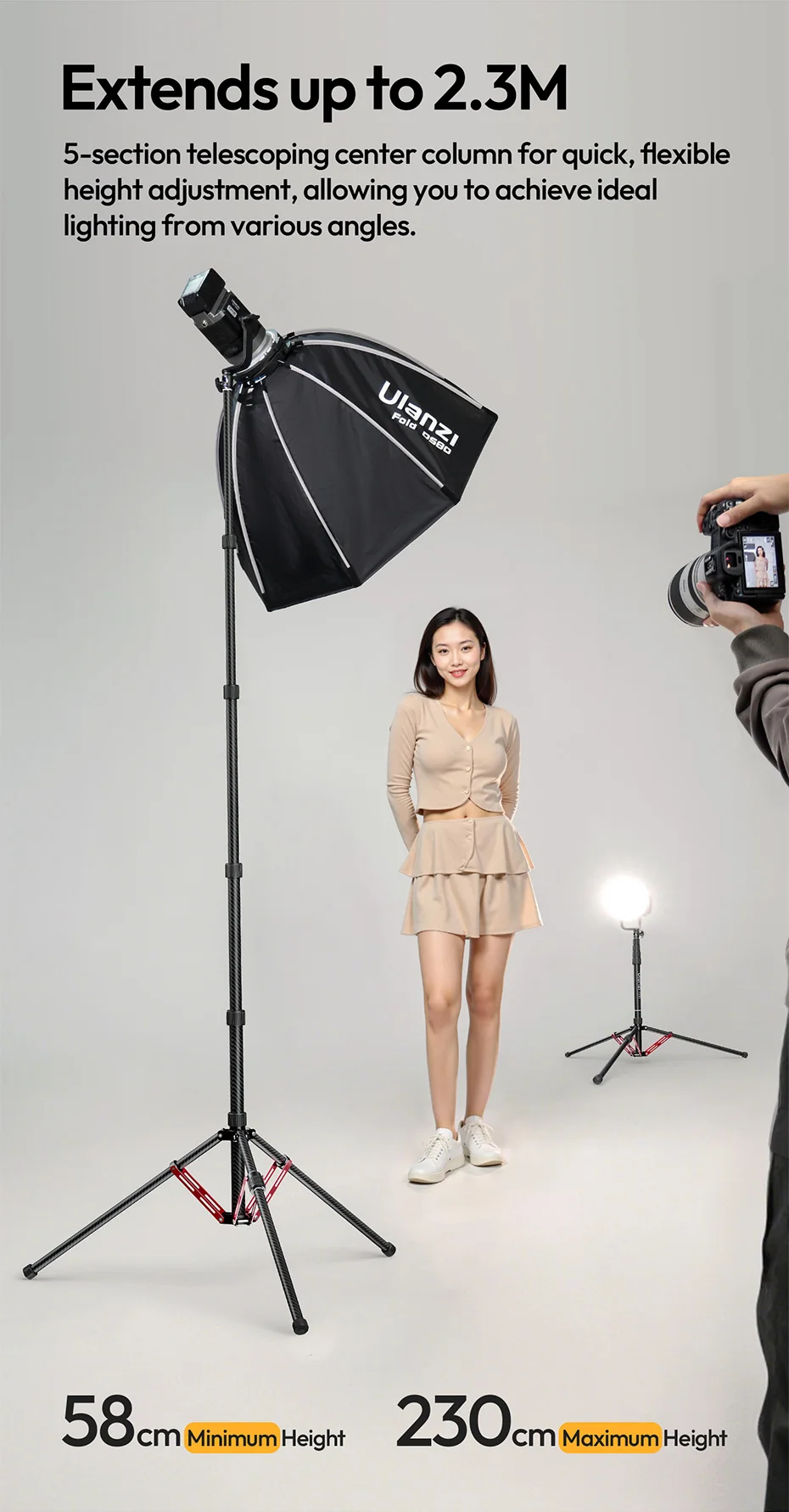  T230 Reversible Leg Light Stand Tripod 58-230CM Tripod for COB Light Softbox C