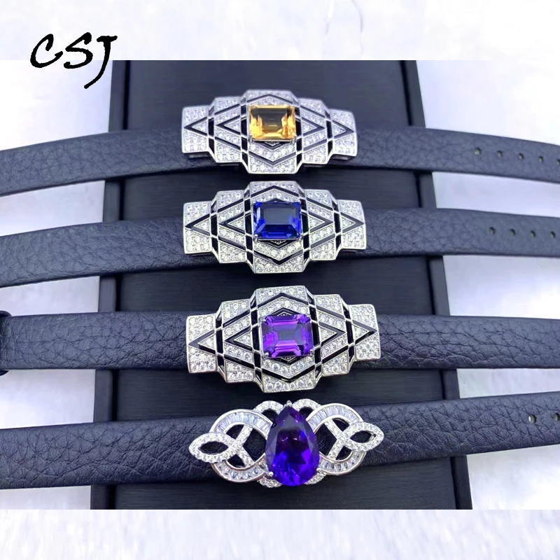 

Trendy Natural Amethyst Citrine Bracelet Sterling 925 Silver Leather Gangle for Women Lady Party Birthday Wedding Jewelry Gift