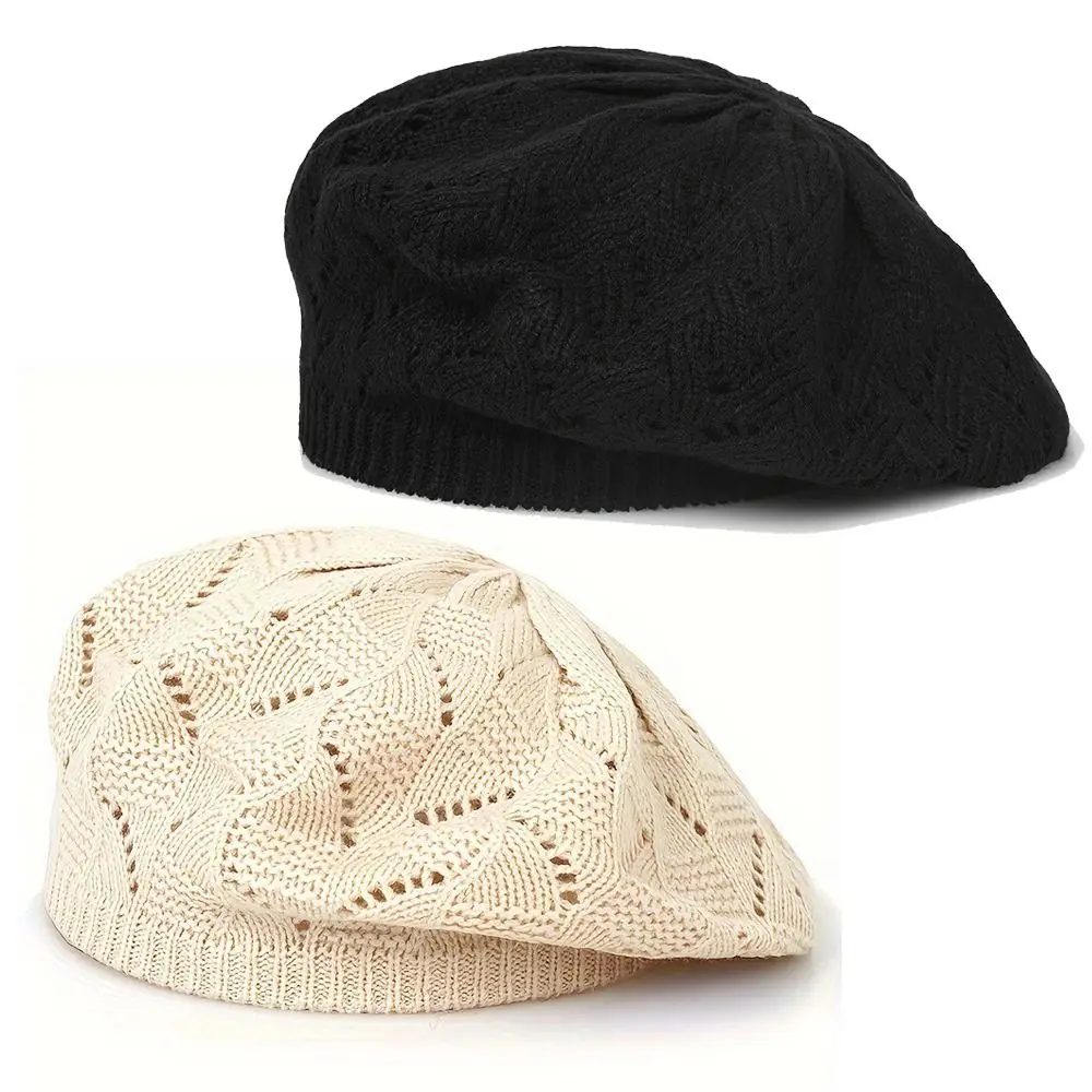 Travel Spring/Summer/Autumn Women Knit Beret Hat Plain Color Hollow French Artist Beanie Headband Thin Acrylic Berets Outdoor 5