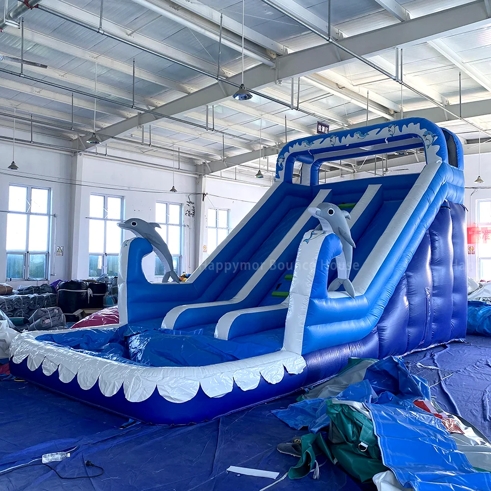 

30Lx18Wx20H Ft Double Water Slide Bounce House With Pool For Kids Summer Large Inflatable Dolphin Bouncer For Water Park Outdoor