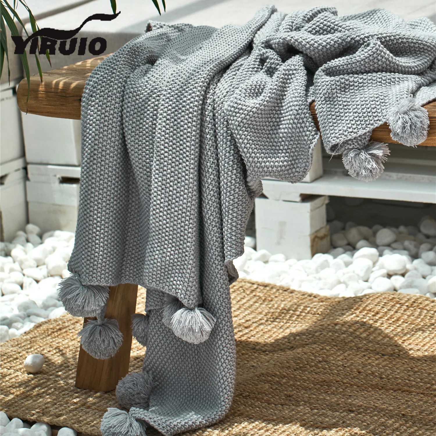 

YIRUIO Kawaii Pompons Pure Color Design Throw Blanket Pink Wine Gray Green Sofa Bed Couch Chair Soft Warm Acrylic Knit Blankets
