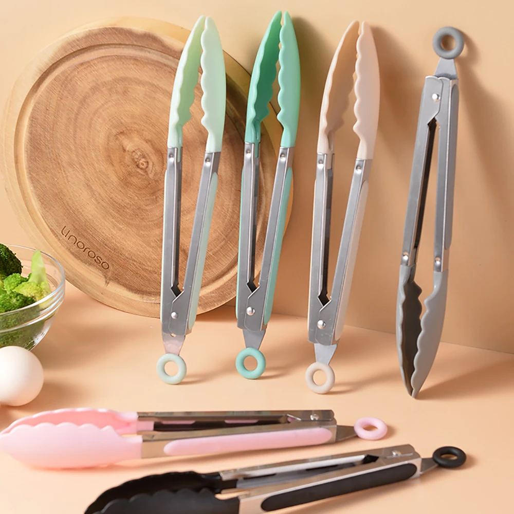 Silicone Food Tong Stainless Steel Kitchen Tongs Silicone Non-slip Cooking Clip Clamp BBQ Salad Tools Kitchen Accessories 1Pcs,food tongs