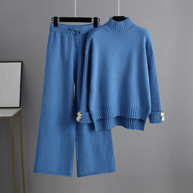 Women Knitwear Sets Long Sleeve with Buttons Turtleneck Side Slit Sweater Elastic Waist Wide Leg Pants Autumn Winter Outfits 5