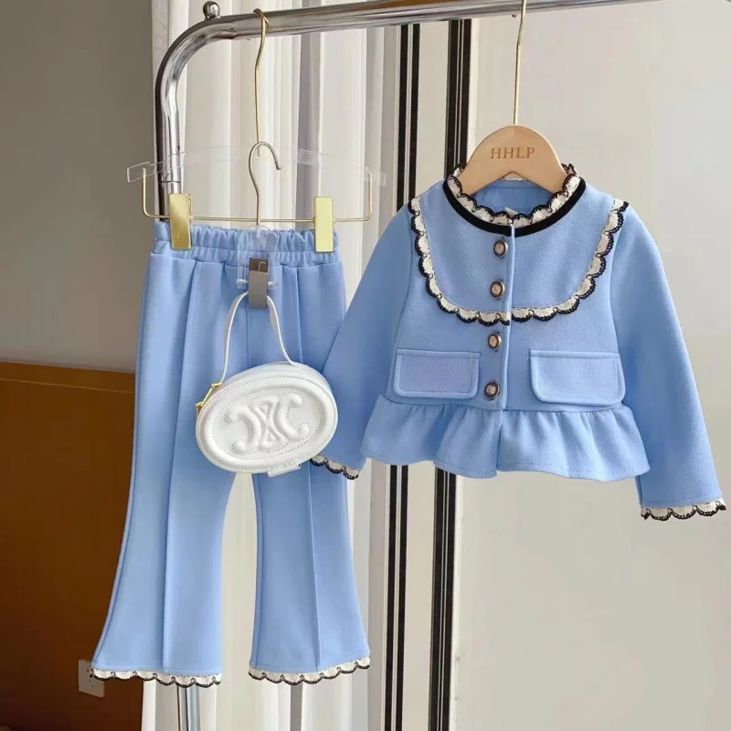 Young and Little Girls Elegant Lace Edge Coat Bell-Bottom Pants Two-Piece Set Spring and Autumn Fashion
