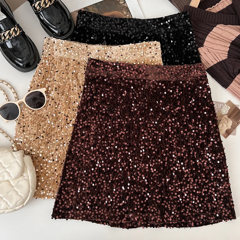 

Bling Skirt for Women 2024 Sequins A-line High Waist Autumn Streetwear Korean Style Anti-emptied Mini Skirts Fashion Dropship