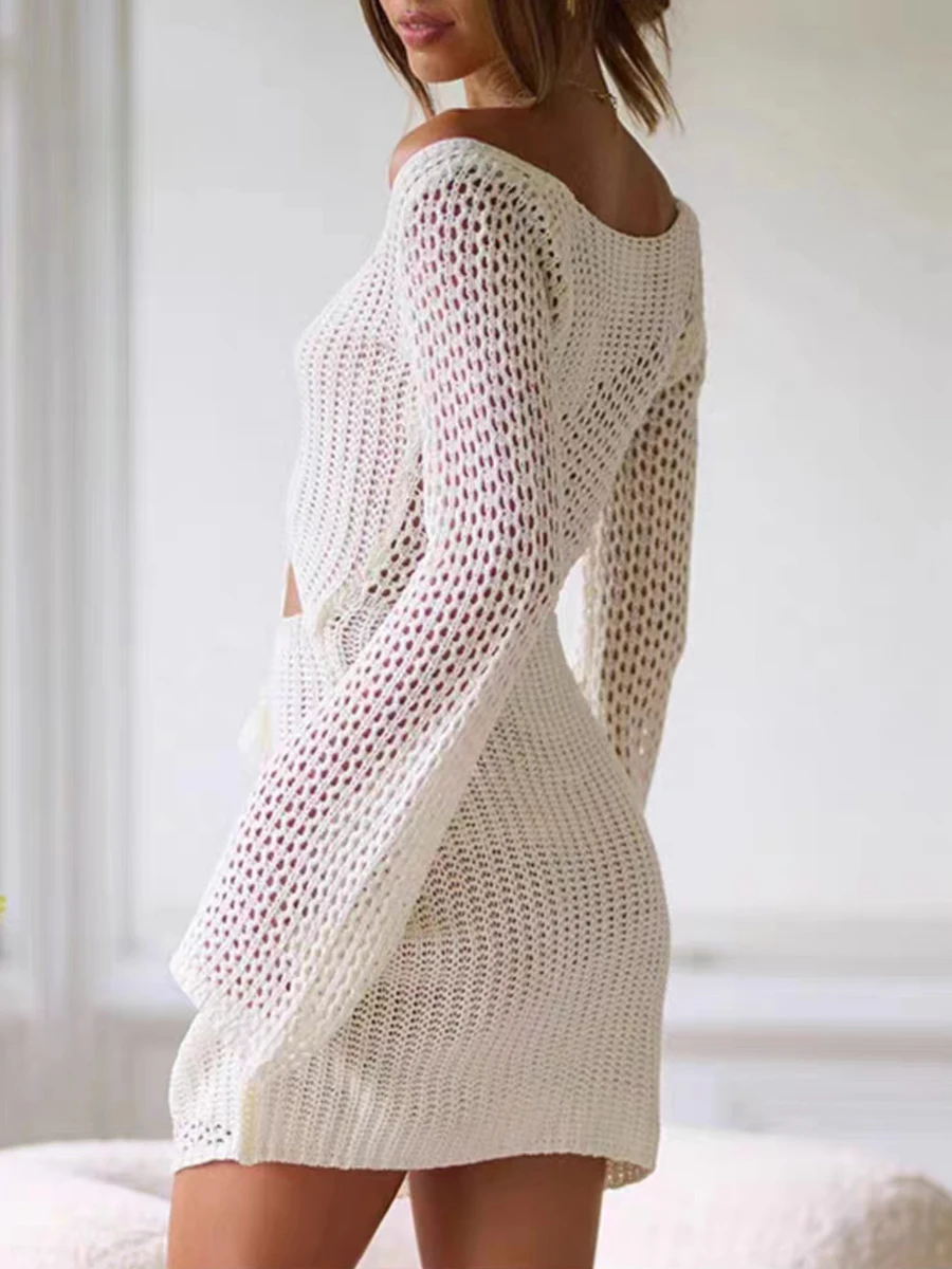 Mesh Crochet Long Beach Shirt Women Solid Cover Up Ladies Long Sleeve Hollow Out Sexy Beachwear Bathers Swim Bathing Suit swimsuit cover up,swimsuit coverup,beach suit,fishnet cover up,beach dress set,beach evening dress,women dresses