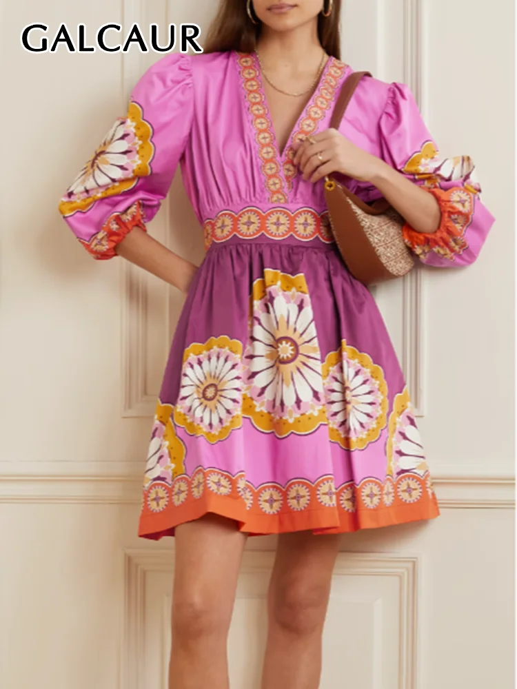 

GALCAUR Print Pleated Mini Dresses For Women V Neck Long Sleeve High Waist Tunic Colorblock A Line Vintage Dress Female Summer