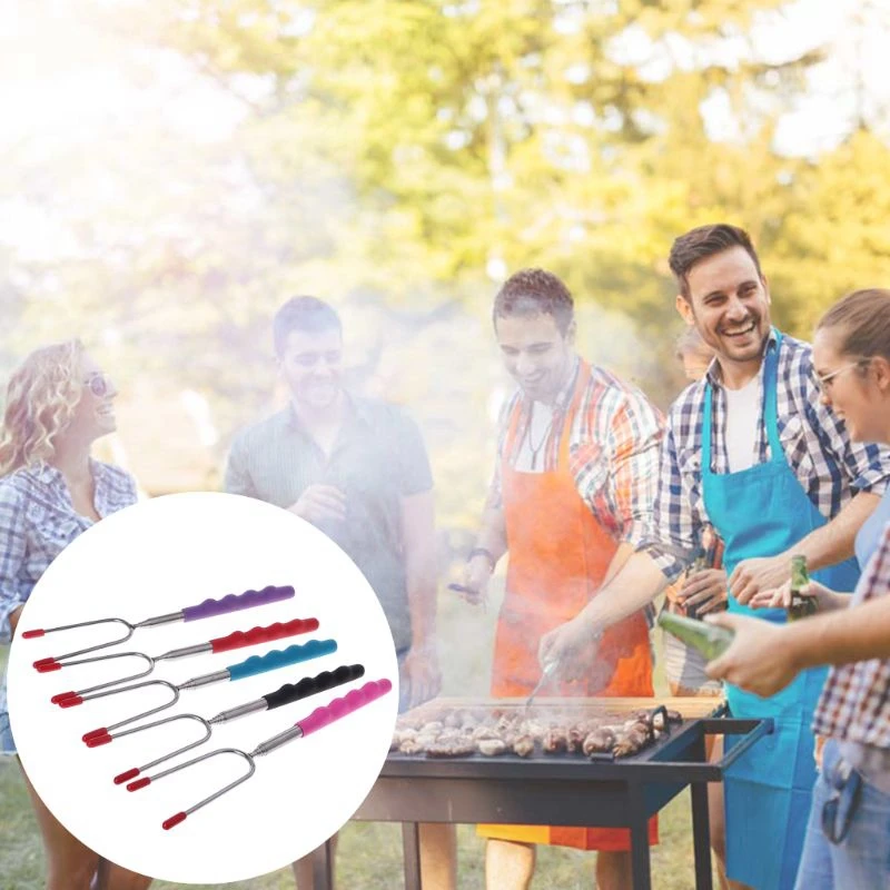 Barbecue Skewers Stainless Steel Telescoping BBQ Fork Roasting Sticks Marshmallow Hot Dog Skewers