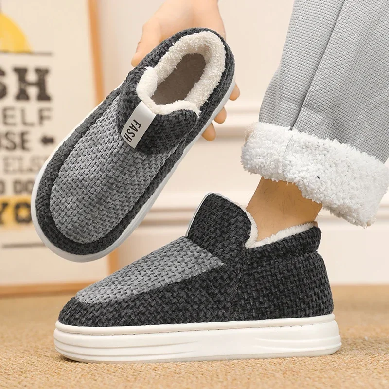 

Мужские теплые ботинки на плоской подошве, Черные ботильоны с коротким плюшем, без застежки, Повседневная Уличная обувь на платформе для снега, зима 2019