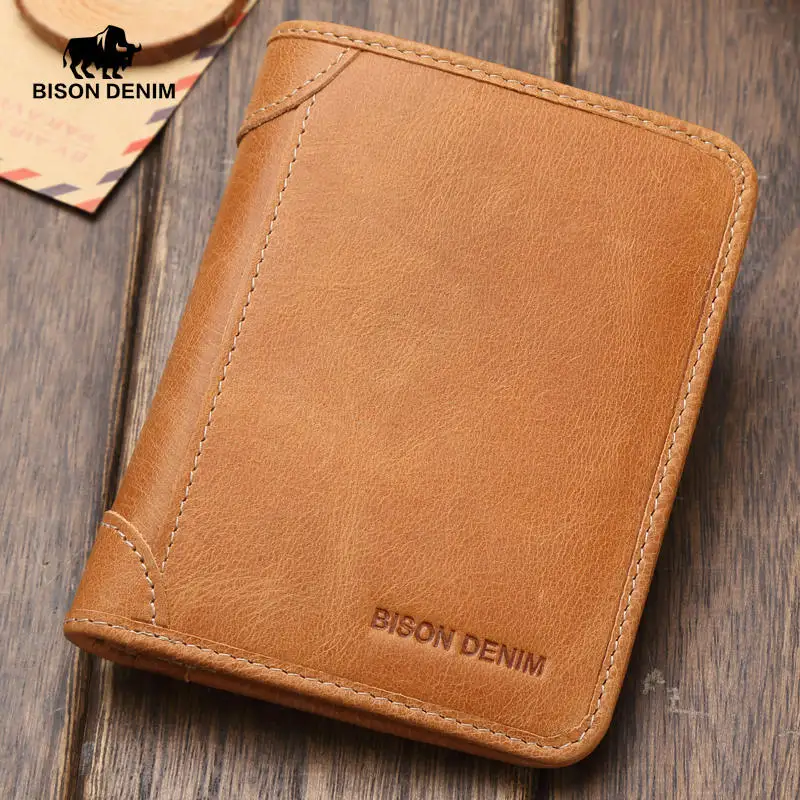 Bison Denim 100% Genuine Leather Wallet Vintage Designer Card Holder Brand Luxury Cowhide Purse