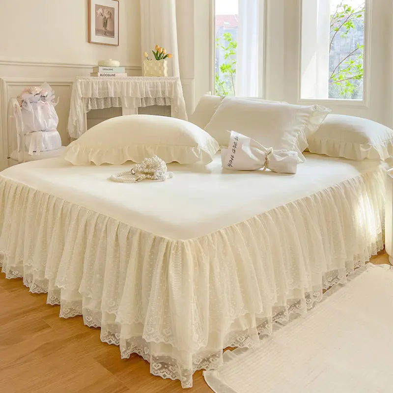 Elegant Lace Bed Sheet Skirt Queen/King Size Girls Bed Cover Solid Color Bedspread Non-slip Mattress Cover Pillowcase Need Order 5
