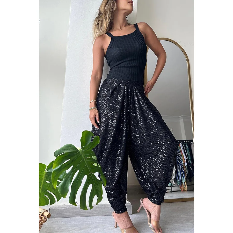 New Casual Pants for Spring/Summer 2024 Party Loose Sequin Pants INS Casual Elasticated Waist Casual Bloomers Y2k Pants
