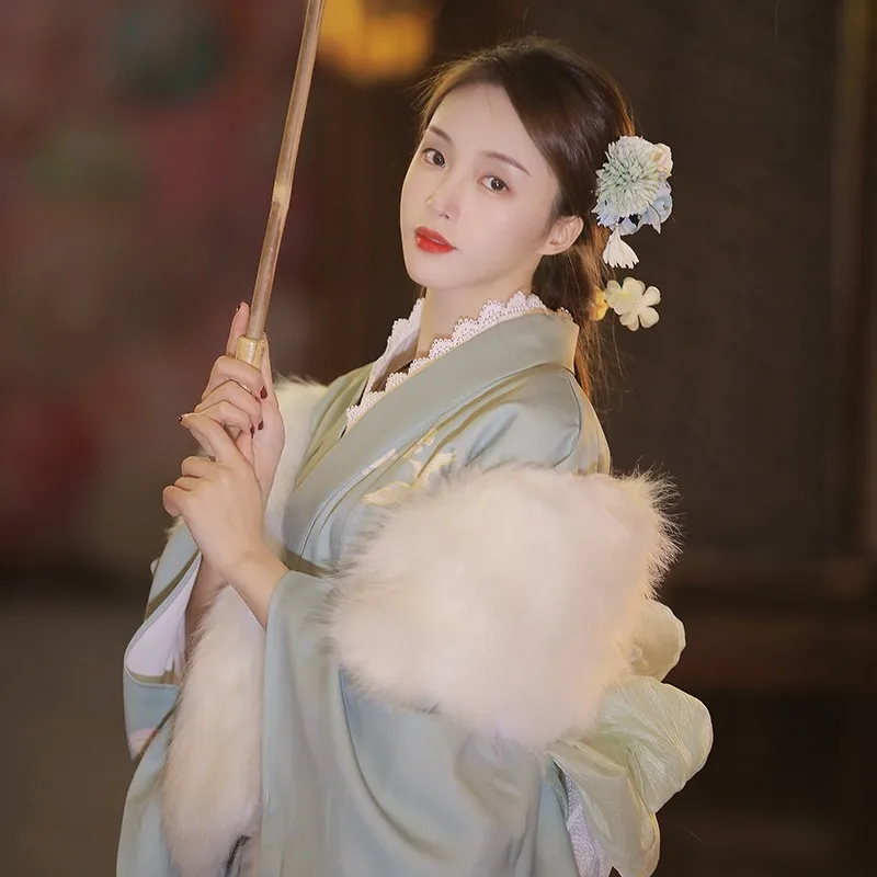 Japanese Style Kimono Photography Travel Girls' Retro Dress White Green Bamboo Handle