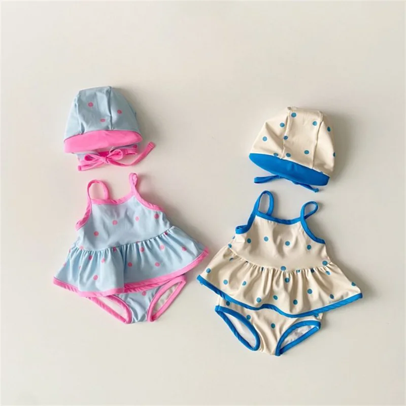 사랑스러운 아기 수영복, 폴콧 도트 디자인, 어린이 소녀 스트랩 수영복, 모자 포함, 1-6 세 어린이 여름 비키니 세트