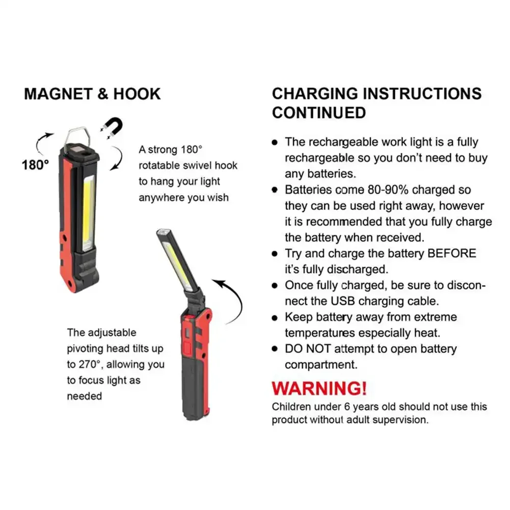 COB LED Work Light-USB Rechargeable Dimmable Flashlight with Magnetic Hook & 18650 Battery-Inspection Lamp & Power Bank