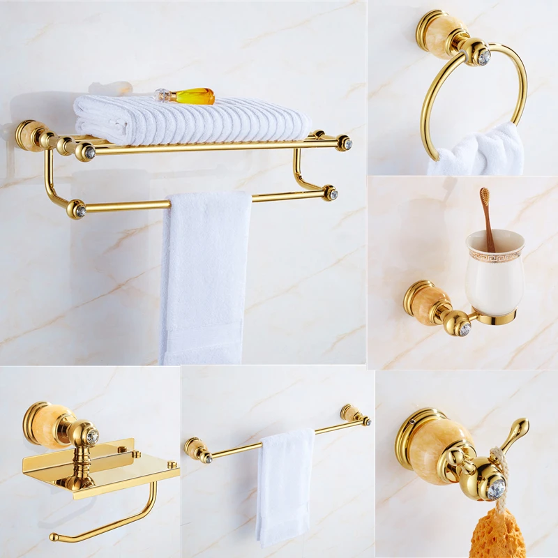 

Europe Gold Copper Jade Bathroom Accessories Hiair Dryer Rack Toilet Paper Holder Ceramic Soap Dish Marble Gold Phone Shelf