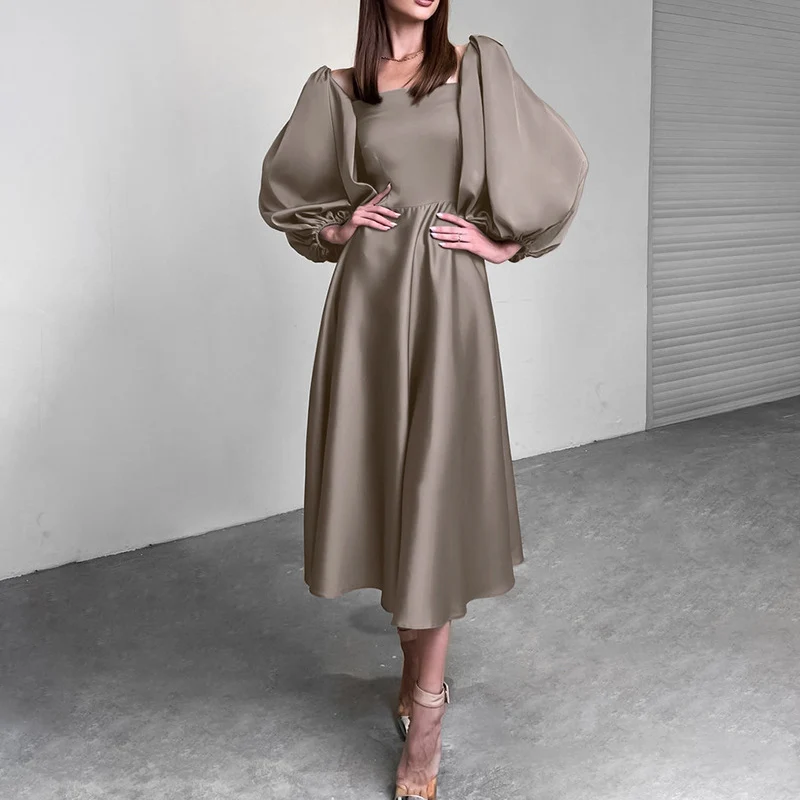 

Fashion Solid Color Large Hem Party Dress Elegant Square Collar Puff Sleeve Temperament Dress Female Backless Satin French Dress