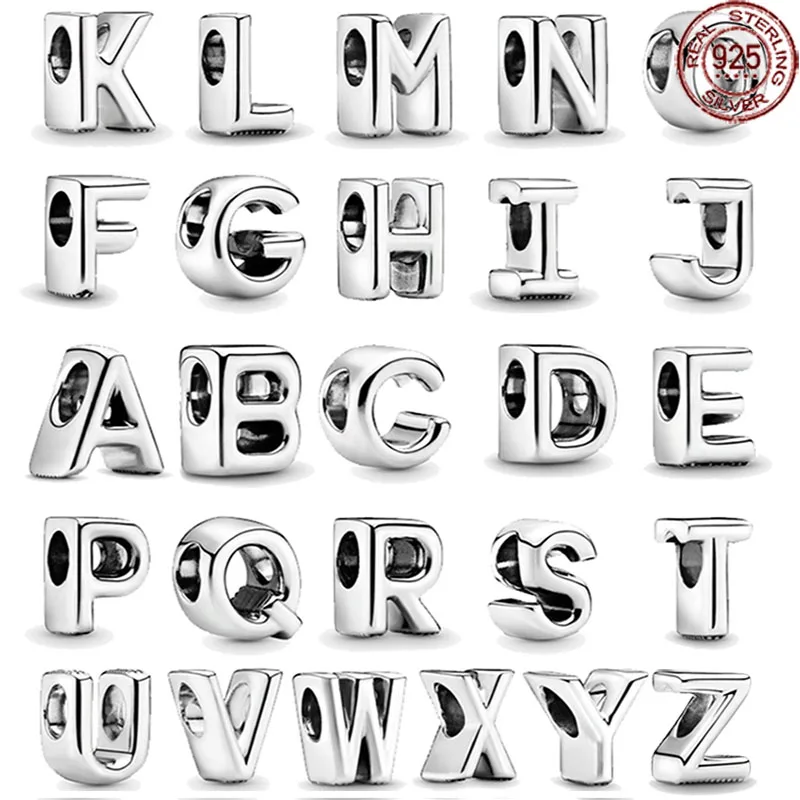 

Popular 925 sterling silver minimalist 26 letter A-Z beaded pendant fit original Pandora bracelets DIY women's jewelry gifts