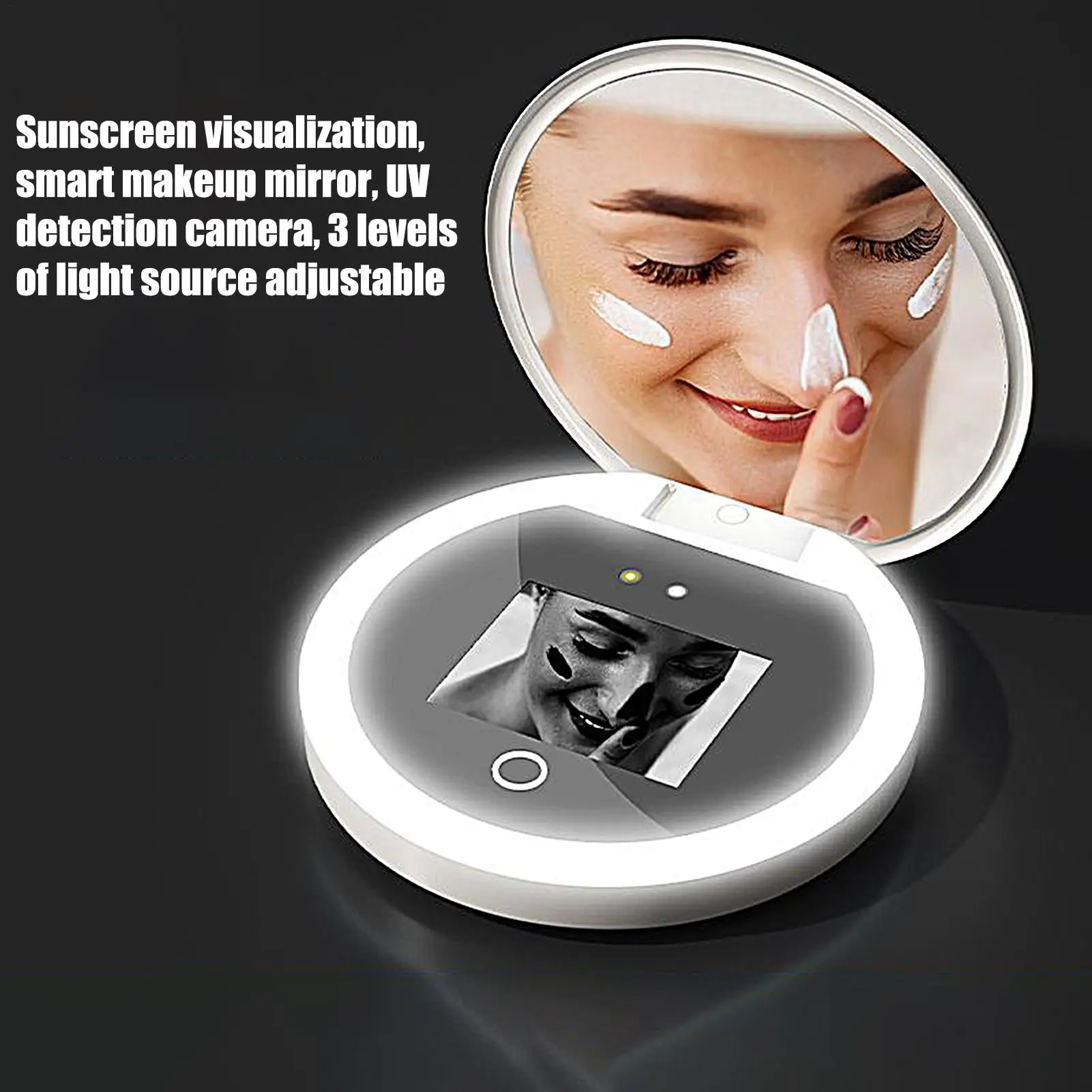 UV Mirror Sunscreen Testing Camera With Light 2X Magnification Travel Makeup Pocket Size UV Smart Sunscreen Makeup Mirror