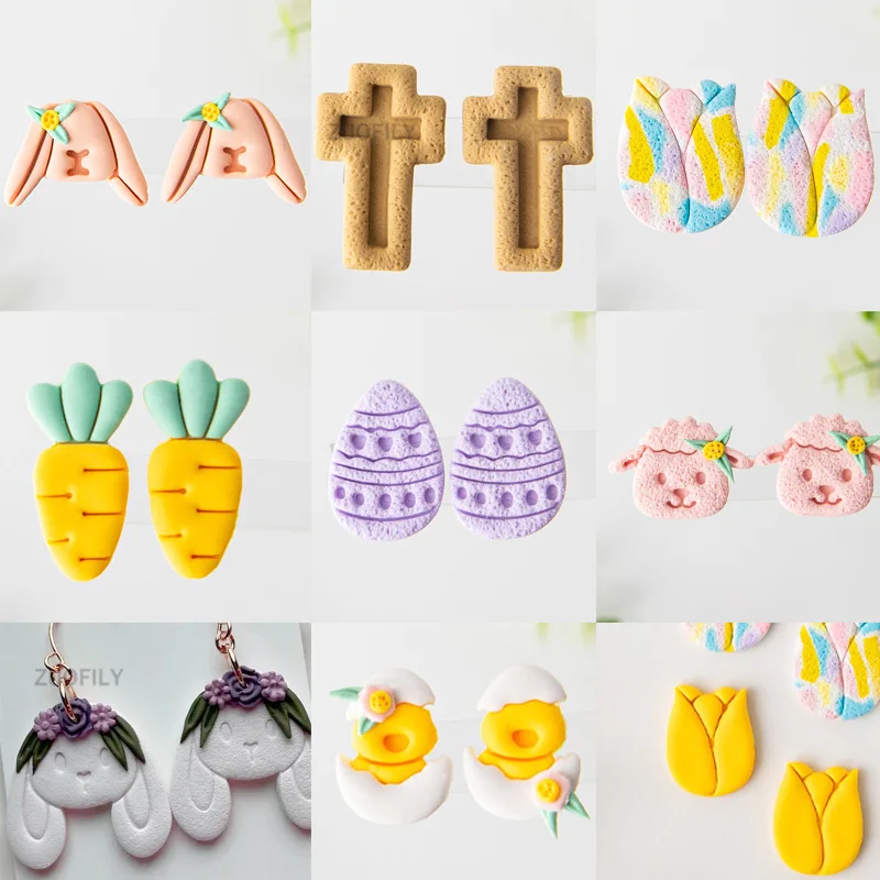 Easter Day Clay Cutters Cute Rabbit Egg Chick Flower Sheep Cross Polymer Clay Cutters Animal Mold Jewelry Making Tools