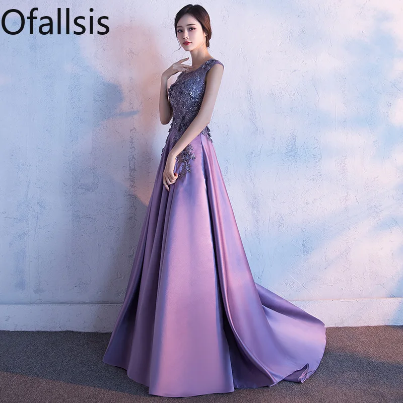 

Ofallsis Purple O neck Embroidery Banquet Evening Dress 2024 New Summer Dignified Slimming Trailing Choir Performance Dresses