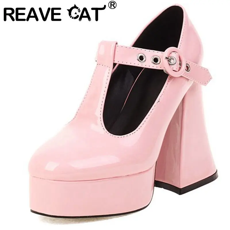 

REAVE CAT Women Shoes Pumps Platform Thick High Heels T-bar Buckle Strap Fashion Plus Size 35-43 Black Blue Party Spring S3595
