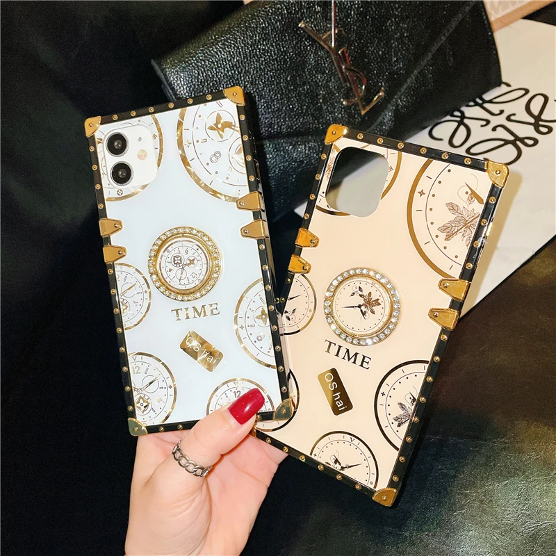 

Luxury Diamond Time Pattern Ring Holder Square Phone Cases For Huawei P50 P40 P30 P20 Mate 30 20 10 Nova 9SE 5T 8I 7I 3I Y6P Y8P