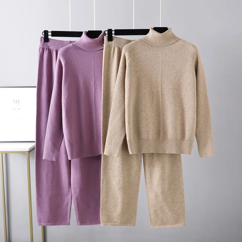 Casual Solid Knitted Suit Purple Turtleneck Sweater Harem Pants Two Piece Set Women's Clothing Fall Winter Female Outfit tafn women fashion korea style cartoon cat embroidery baggy elastic waist high waist denim cropped pants female harem jeans