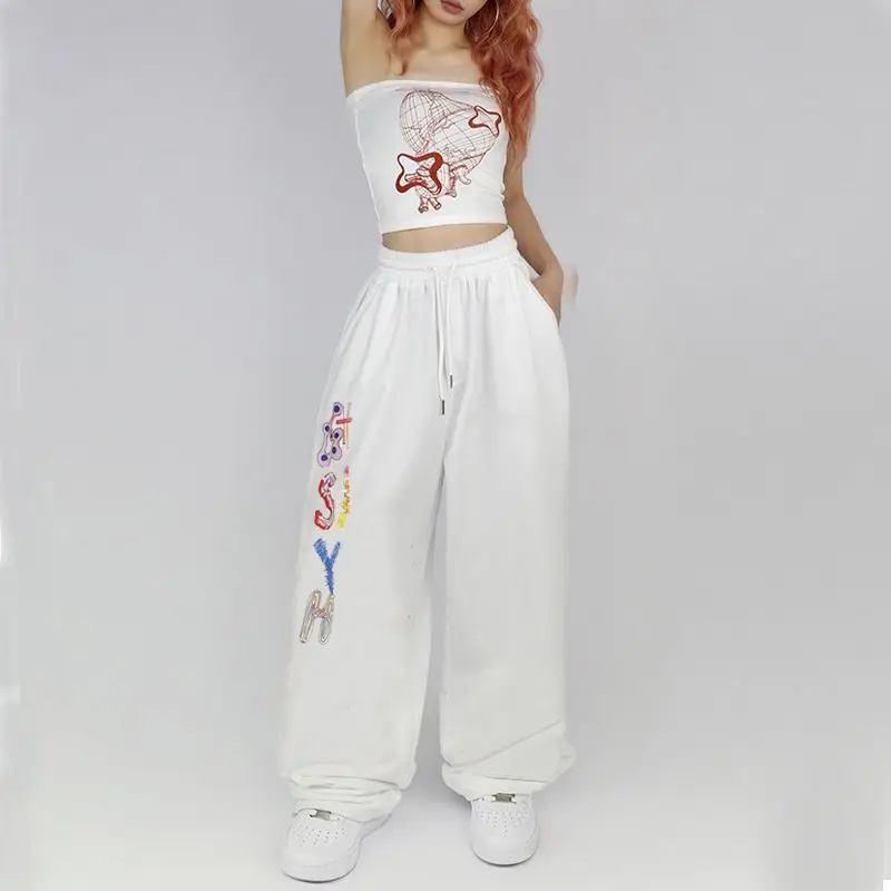 

American Hip Hop Dance Sweatpants Women New Solid Elastic High Waist Streetwear Pockets Loose All-match Casual Wide Leg Trousers