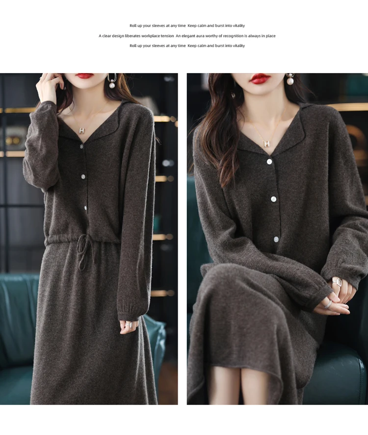 2022 autumn and winter new cashmere sweater women's lapel cardigan sweater 100% pure wool two-piece suit knitted loose skirt