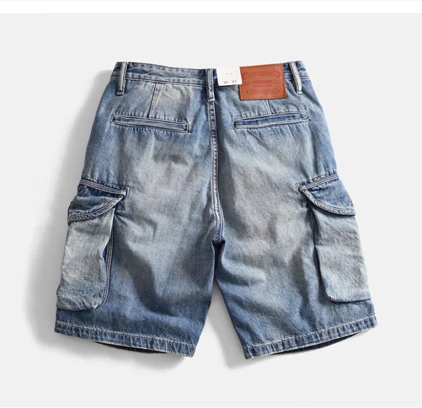 Vintage cotton to do old system cargo multi-bag loose denim shorts men's wash American casual quarter pants trend
