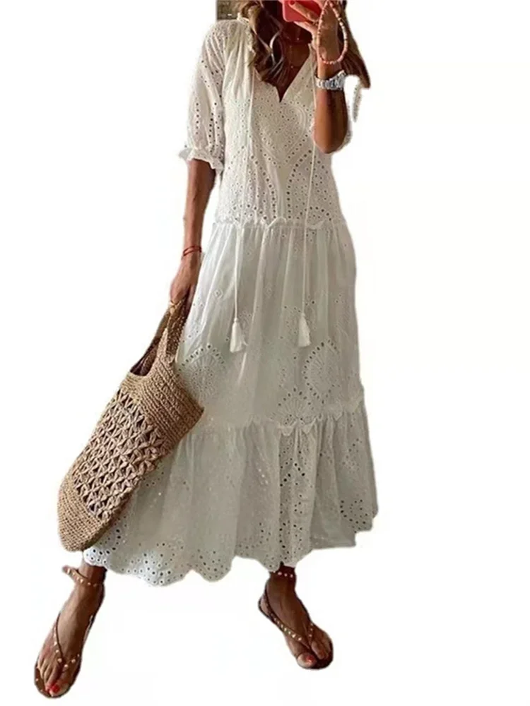 Wmstar Dress Women Fashion Solid V Neck Maxi Long Dresses Sweet Elegant New in Summer Clothes Wholesale Dropshipping 2023