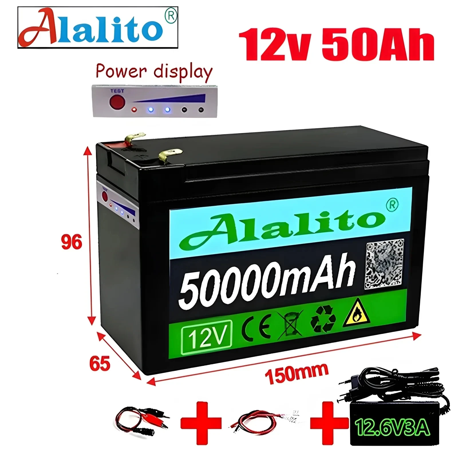 

12V 50Ah 18650 lithium battery for Solar Panels 30A built-in high current BMS electric vehicle battery +12.6V charger