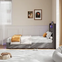 Lit pour enfants Rosahqnda, 90x200CM, lit simple, avec lumières LED et chargeurs USB, lit de rangement avec tiroir et étagère, beige/noir 6