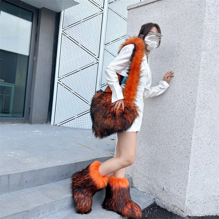 Winter Women Faux Fur Boots And Bag Set Furry Warm Snow Boots Cute Heart-shaped Fur Handbag Love Bag Girls Platform Plush Boots