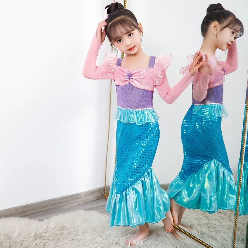 Vestido de sirena de manga larga para niñas, ropa de Ariel rosa de