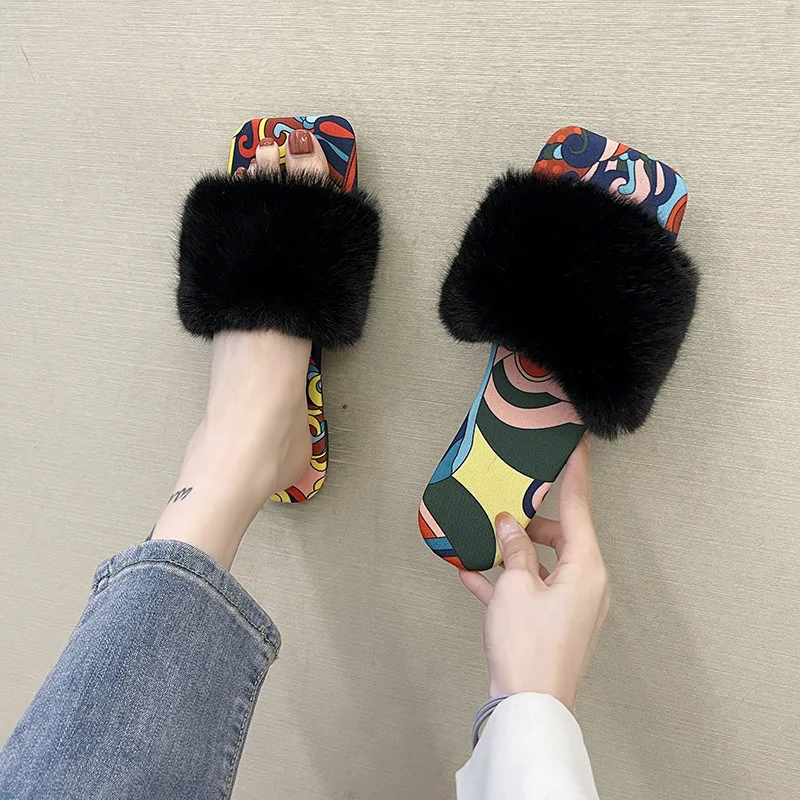 Winter Slippers Women Fashion Fluffy Fur Slipper Home Slides Platform Flat Indoor Floor Flip Flops Women Ladies Shoes 2023