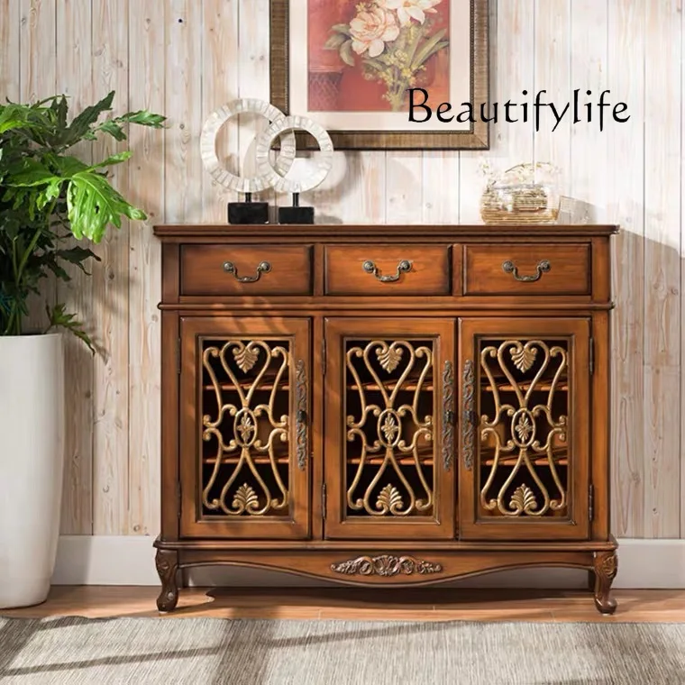 

American Idyllic Vintage Hollow-out Carved Solid Wood Shoe Cabinet Living Room Aisle Locker