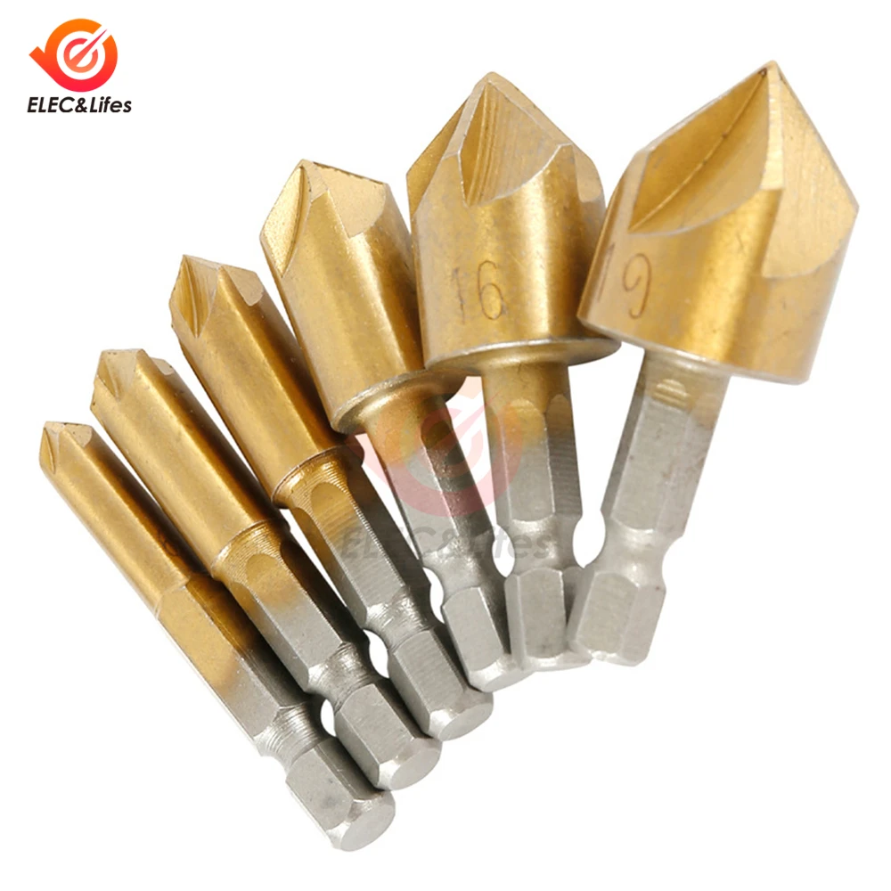 

6pcs Countersink Drill Bit Set 1/4'' Hex Shank HSS 5 Flute Countersink 90 Degree Wood Chamfering Cutter Chamfer 6mm-19mm