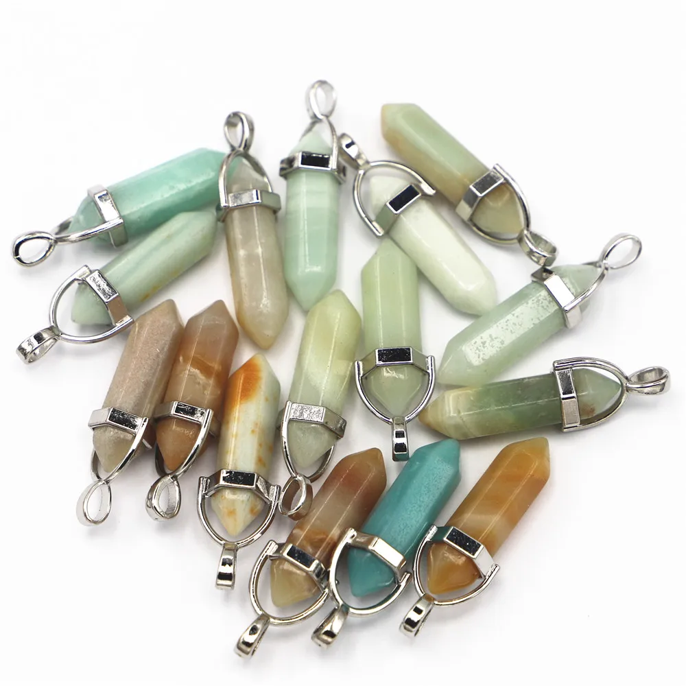 New Natural Gems Stone Amazonite Pillar Point Pendulum Pendant Charm Hexagonal Necklace for Making Women Spiritual Jewelry 24pcs