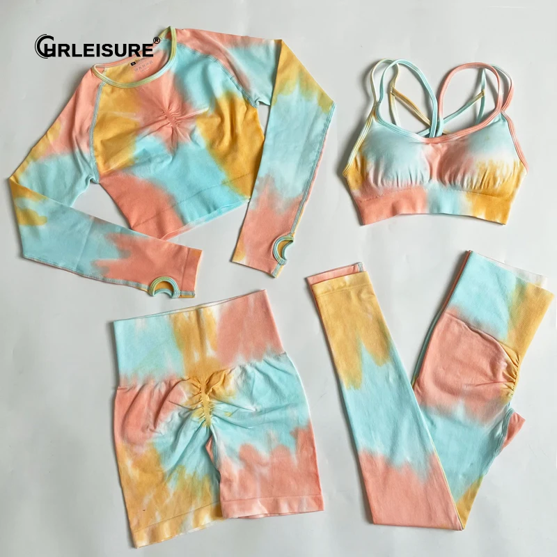 plus size suit sets CHRLEISUR 2/3/4 Pcs New Tie-Dye Seamless Sports Suit Gym Fitness Set Women High Waist Hip Lift Leggings Sexy Knitted Tight Suit pink jogging suit Suits & Blazers