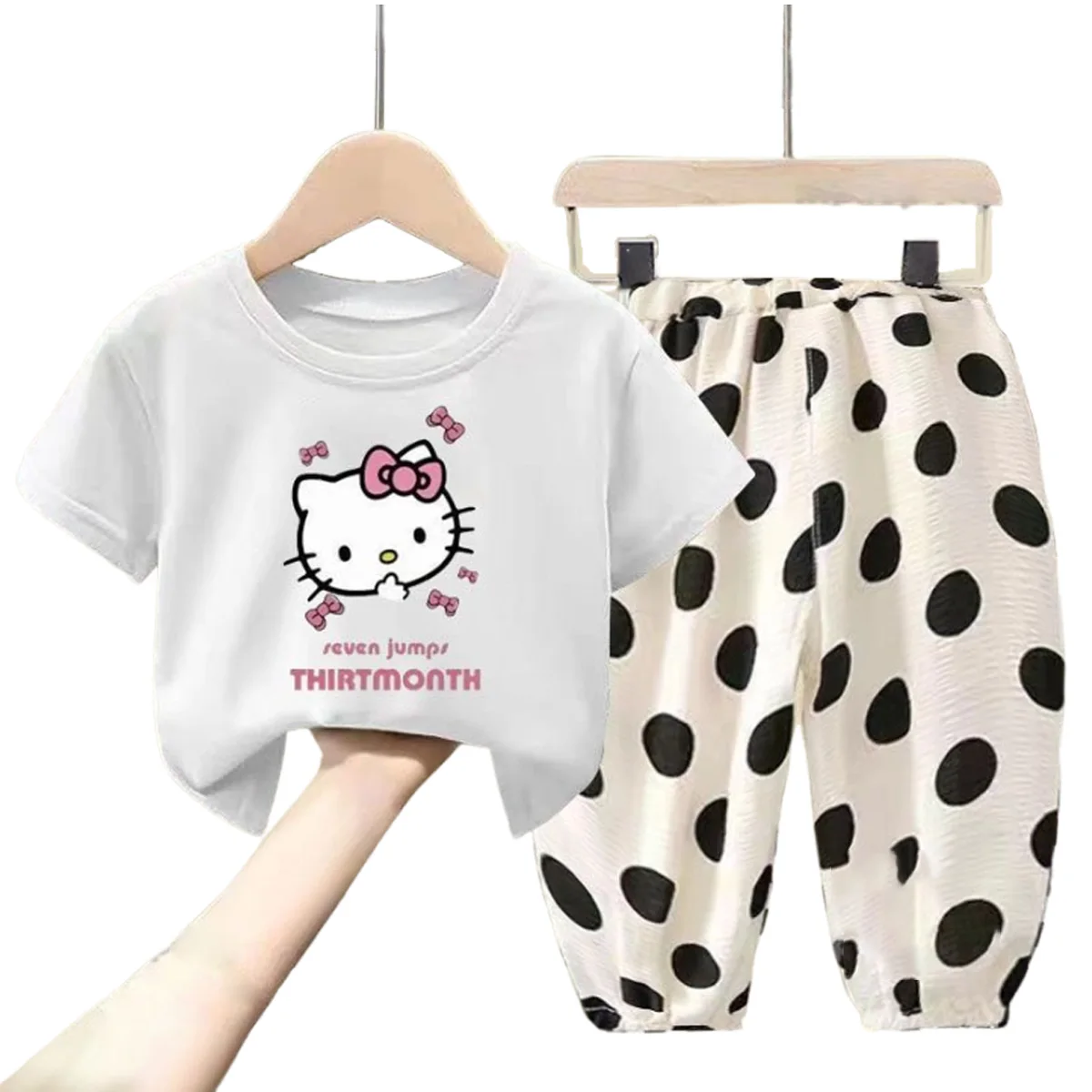 

Summer Girls Clothes Sets Children Cute Hello Kitty Short-Sleeved T-shirt Polka Dot Pants Outfits Kids Fashion Casual Clothing