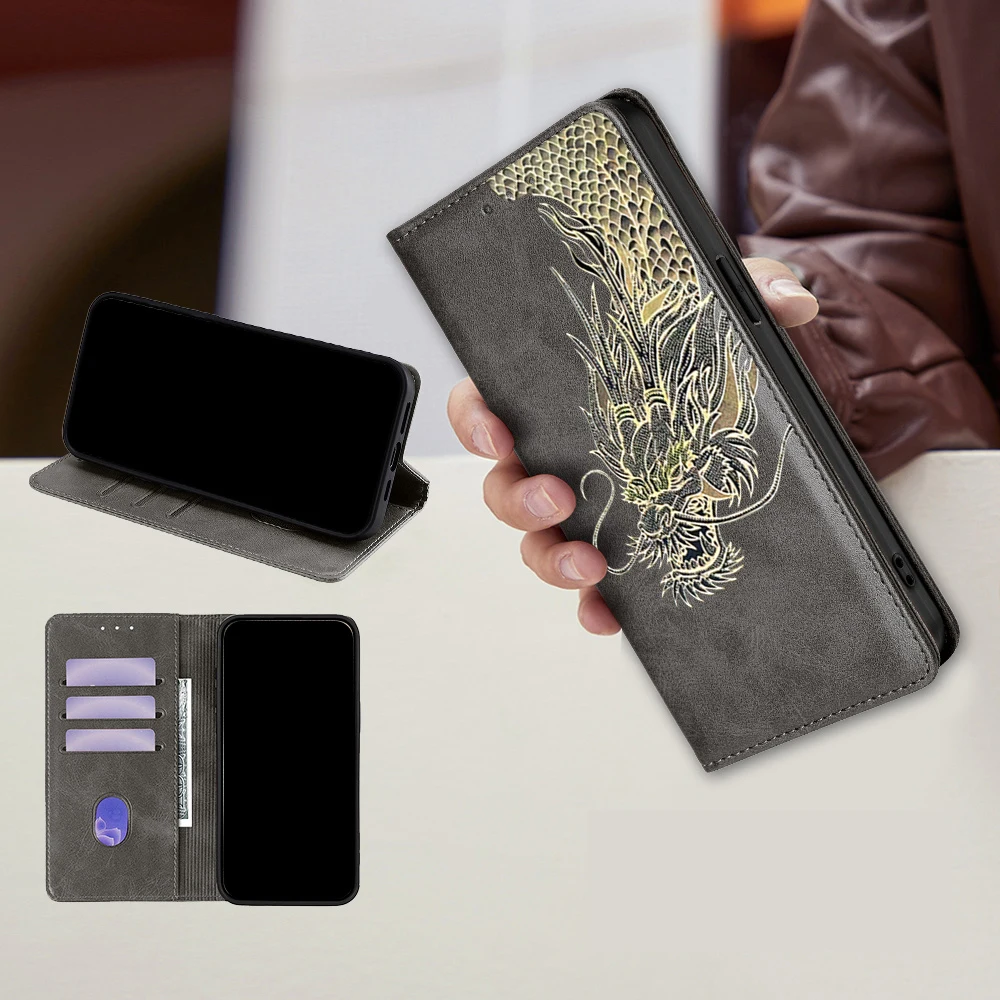 Dragon Pattern Leather Flip Cover - Full Protection Mobile Phone Case