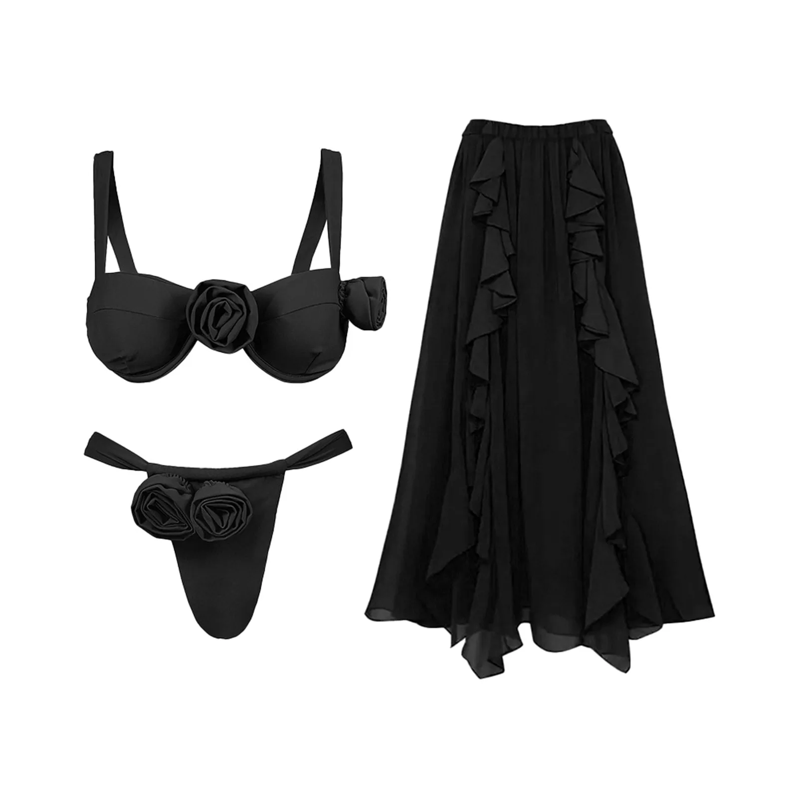 

Купальник-тройка, Женский комплект бикини с юбкой, накидка, летний женский купальный костюм, черный бикини с 3D цветами, пляжная одежда, купальник